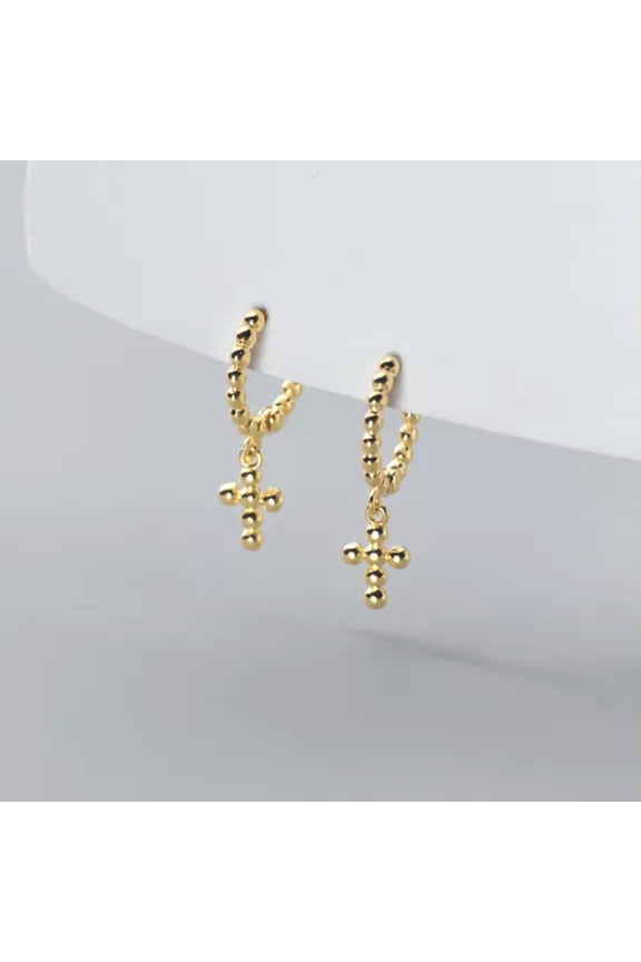 Yellow Gold pld 925 Sterling Silver Cross Hoop Earrings Religion Faith Christian-Silver