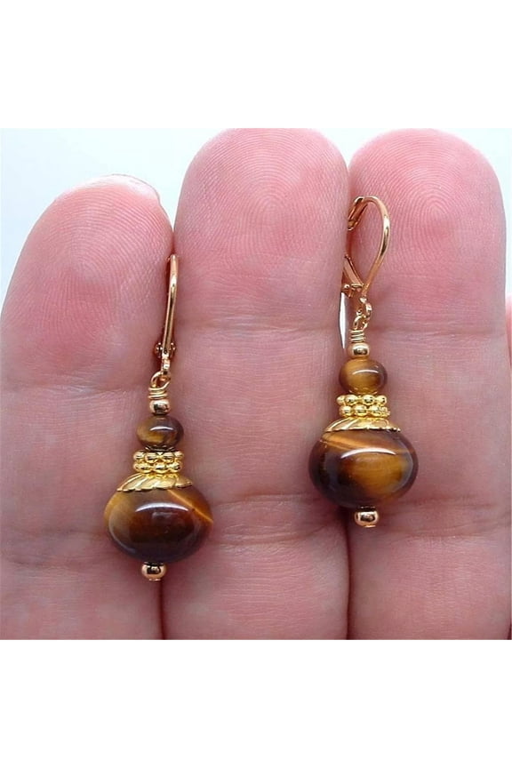 Yellow Tiger Eye Gemstone Earrings Hook Chain Lever Backs Popular Handmade