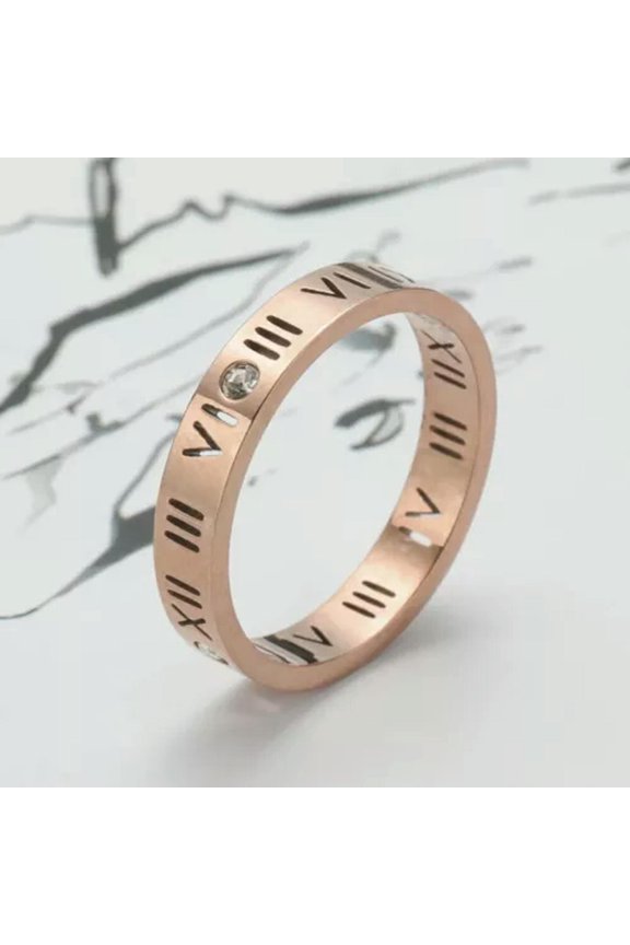 Zircon Inlaid Roman Numeral Stainless Steel Fashion Couple Rings Size 6-10-10-Rose Gold