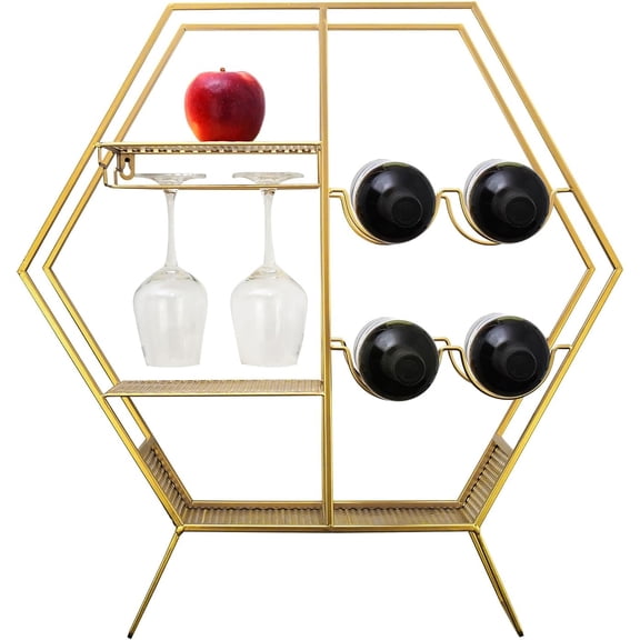 K KILIPES Hexagonal Wall Mounted Wine Rack Metal Hanging Wine Glass Holder Shelf, Countertop Wine Bottle Storage Rack Freestanding, Hexagon Floating Shelf Wine Bottle Holder for Home Bar Kitchen