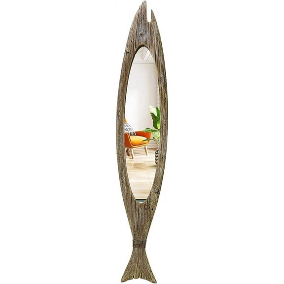 K KILIPES Rustic Wood Fish Mirror Decorative Hanging Mirror Wall Decor for Living Room Bathroom Bedroom Vintage Nautical Ocean Beach Home Mirror