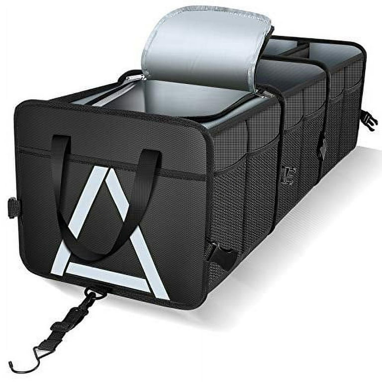 K KNODEL Sturdy Car Trunk Organizer with Premium Insulation Cooler Bag Heavy Duty Collapsible for Car SUV Truck or Van 3 Compartments Black