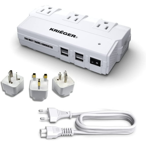 K KRIGER Universal Travel Adapter, Step Down Transformer 200 Watt Capacity, International Power Adaptor w/ 4 USB Ports 6A Total Charging, 3 AC Outlets for USA EU UK AUS Worldwide Plug Adapter