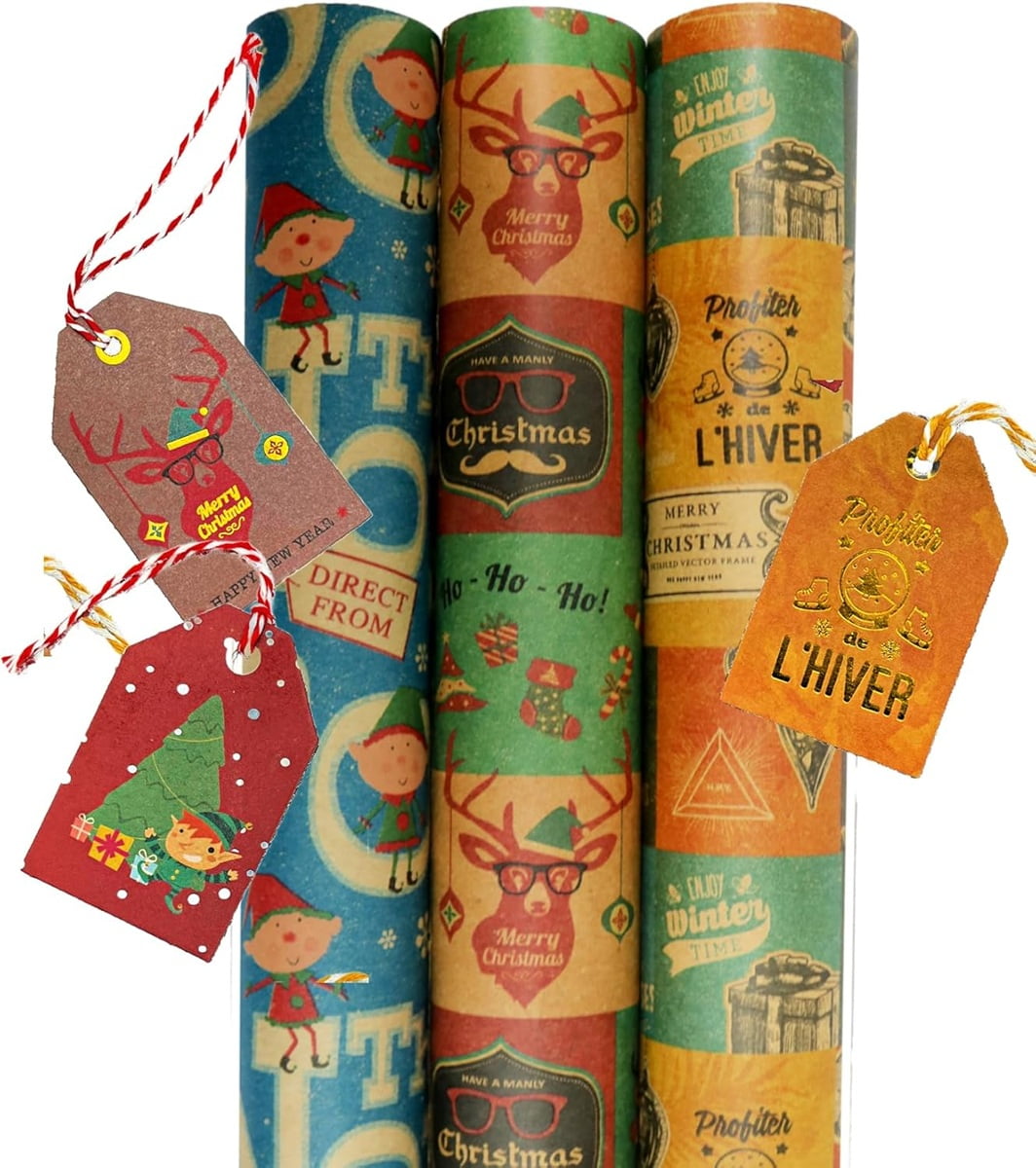 K-Kraft Vintage Prints CHRISTMAS KRAFT WRAPPING PAPER (30 inches x 180 inches per roll = 112.5 square feet)