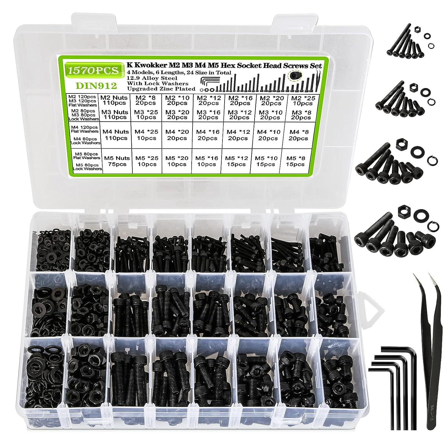 K Kwokker 1574pcs Nut and Bolt Assortment Kit M2/M3/M4/M5, Zinc Plated