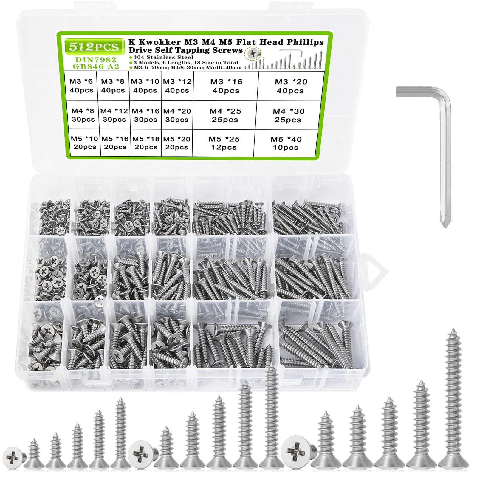 K Kwokker M3 M4 M5 Self Tapping Screws Wood Screws Assortment Kit 6mm