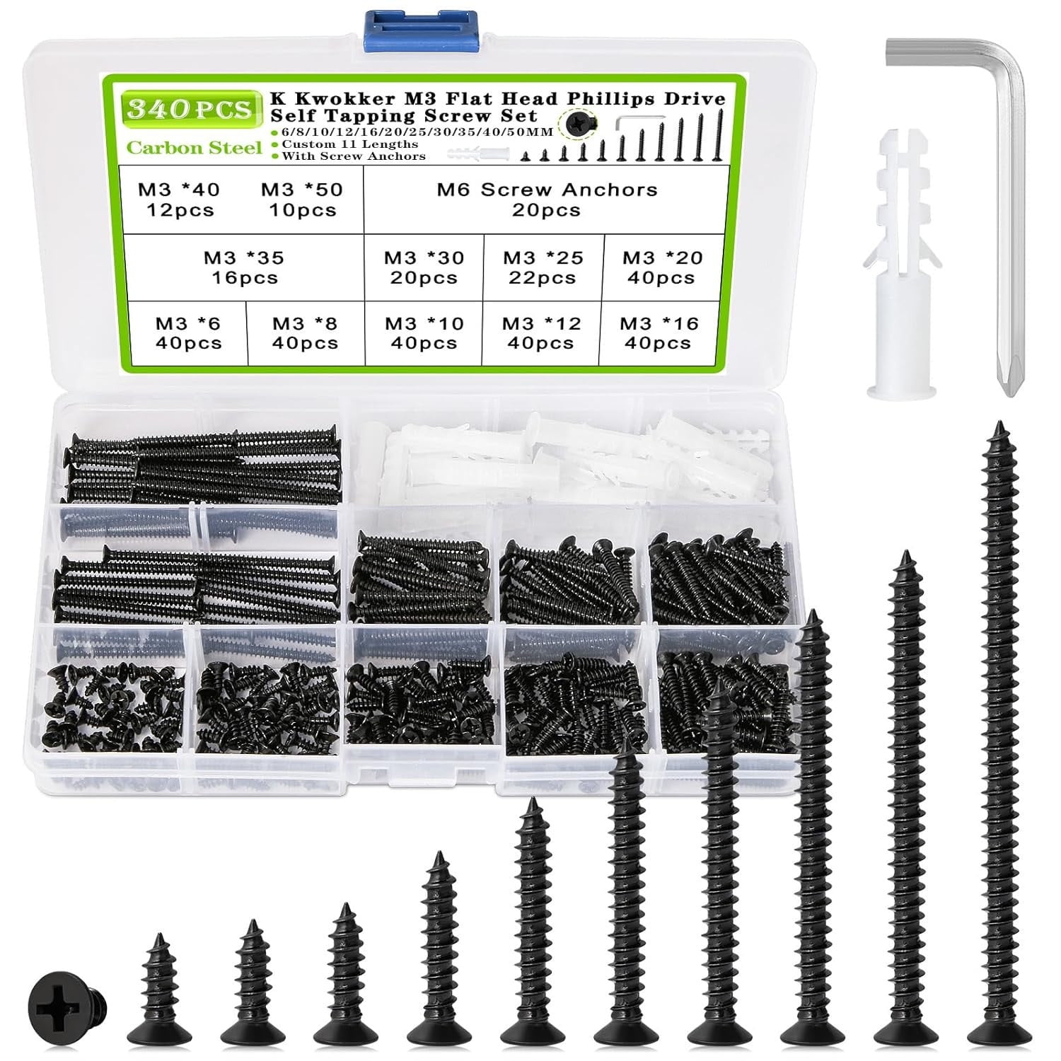 K Kwokker M3 Self Tapping Screws Wood Screws Assortment Kit 6mm to 50mm, 340PCS Phillips Flat