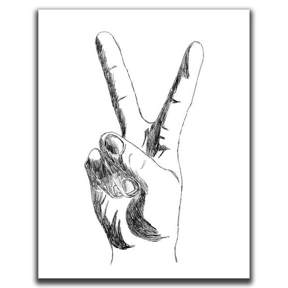 K&L DESIGN CO. Peace Sign Hand Wall Art - 11x14" Unframed Print, Black and White Line Drawing