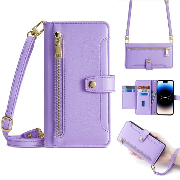 K-LION for Samsung Galaxy A04E Case Wallet with Card Holder Adjustable Crossbody Lanyard Wrist Strap PU Leather Kickstand Card Slots Zipper Flip Cover Case for Samsung Galaxy A04E,Purple