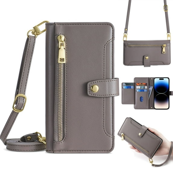 K-LION for Samsung Galaxy S10 Case Wallet with Adjustable Crossbody Lanyard Wrist Strap PU Leather Kickstand Card Slots Zipper Flip Cover Case for Samsung Galaxy S10,Gray