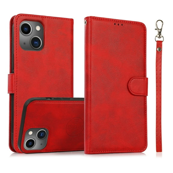 K-Lion 2 in 1 Wallet Case for iPhone 14, Credit Card Holder Detachable Hybrid Protective Slim Hard Shell Magnetic PU Leather Folio Pocket Flip Cover for iPhone 14,Red