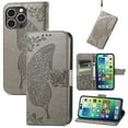 thumbnail image 1 of K-Lion for Apple iPhone 15 Pro Max Wallet Case, Embossed Butterfly Premium PU Leather Card Slots Holder Flip Shockproof Protective Case Wrist Strap Stand Folio Cover for iPhone 15 Pro Max,Gray, 1 of 6