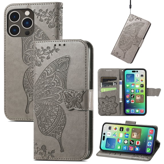 K-Lion for Apple iPhone 15 Pro Max Wallet Case, Embossed Butterfly Premium PU Leather Card Slots Holder Flip Shockproof Protective Case Wrist Strap Stand Folio Cover for iPhone 15 Pro Max,Gray
