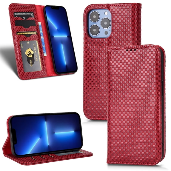 K-Lion Case for Apple iPhone 14 Pro,Luxury PU Leather Magnetic Closure Folio Flip Kickstand Wallet Cover with Card Slots & Cash Pocket Shockproof Phone Case,Winered
