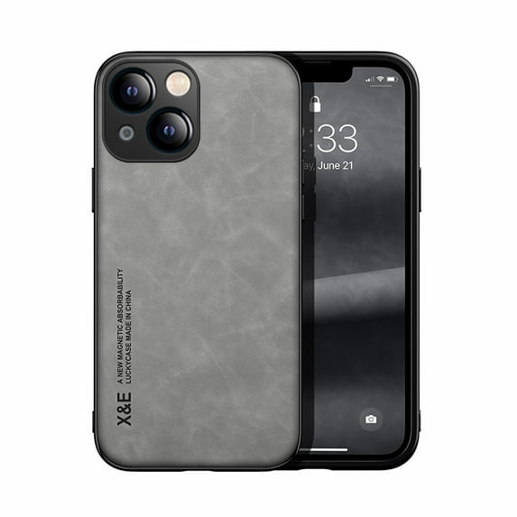 K-Lion Case Compatible with iPhone 14 2022 Release, Soft Retro PU Leather Case + Shockproof TPU Shell Car Magnetic Suction Drop Resistant Slim & Lightweiht Case for iPhone 14, Lightgray