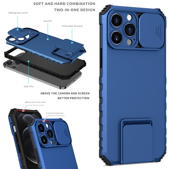 K-Lion Case For iPhone 12 Pro Max,Shockproof Slide Camera Protector Hard PC Telescopic Bracket Case Cover,Blue
