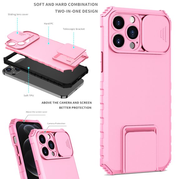 K-Lion Case For iPhone 12 Pro Max,Shockproof Slide Camera Protector Hard PC Telescopic Bracket Case Cover,Pink