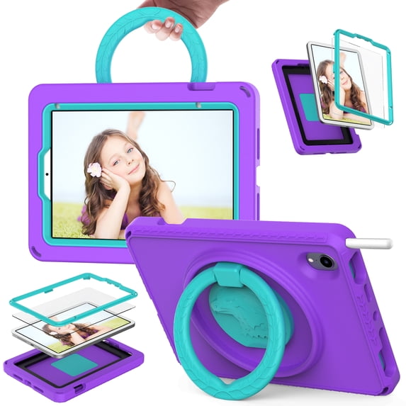 K-Lion Case for iPad Mini 6 with 360° Rotatable Folding Handle Grip Kickstand Built-in Screen Protector Removable Shoulder Strap Washable Shockproof Tablet Case For iPad mini 6 2021,Purple