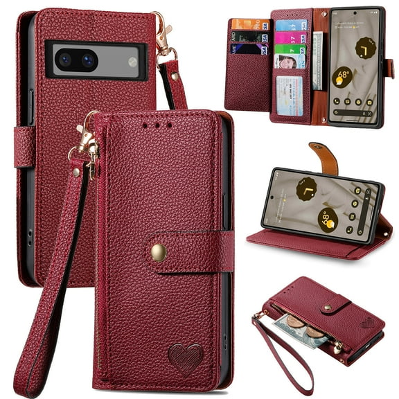K-Lion Compatible with Google Pixel 6a Wallet Case, Premium PU Leather Zipper Flip Folio Wallet RFID Blocking with Wrist Strap Magnetic Closure Built-in Kickstand Protective Case,Red
