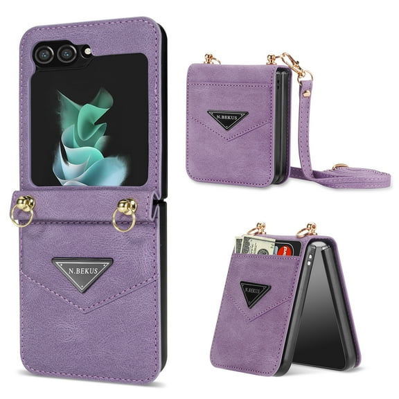 K-Lion Compatible with Samsung Galaxy Z Flip 5 Premium Leather Folding Case,Card Slot Adjustable Crossbody Shoulder Strap Case Shockproof Dropproof Rugged Case for Galaxy Z Flip 5,Purple