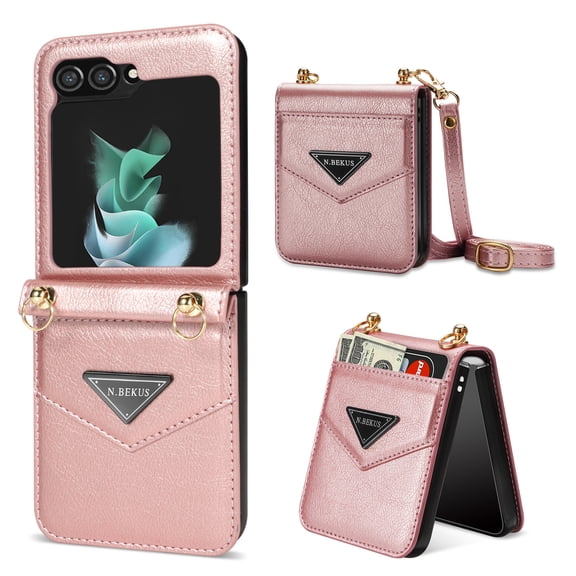 K-Lion Compatible with Samsung Galaxy Z Flip 5 Premium Leather Folding Case,Card Slot Adjustable Crossbody Shoulder Strap Case Shockproof Dropproof Rugged Case for Galaxy Z Flip 5,Rosegold