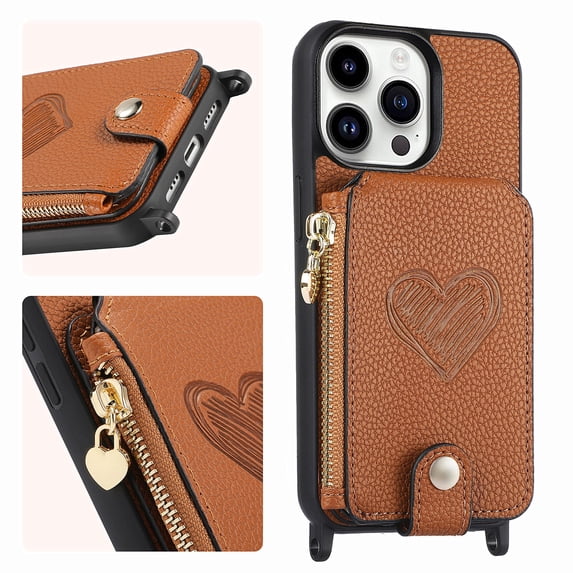 K-Lion Compatible with iPhone 14 Plus Wallet Case, Luxury Zipper Crossbody Strap Card Slot Kickstand Case Shockproof Rugged Magnetic MagSafe Cover,Brown