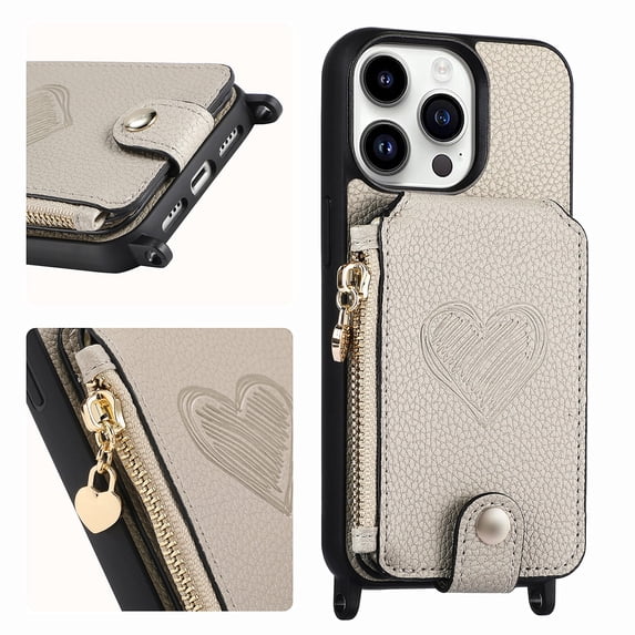 K-Lion Compatible with iPhone 14 Plus Wallet Case, Luxury Zipper Crossbody Strap Card Slot Kickstand Case Shockproof Rugged Magnetic MagSafe Cover,Gray