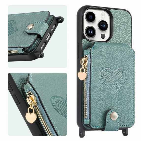 K-Lion Compatible with iPhone 14 Plus Wallet Case, Luxury Zipper Crossbody Strap Card Slot Kickstand Case Shockproof Rugged Magnetic MagSafe Cover,Green