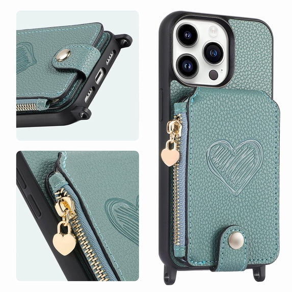 K-Lion Compatible with iPhone 11 Wallet Case, Luxury Zipper Crossbody Strap Card Slot Kickstand Case Shockproof Rugged Magnetic MagSafe Cover,Green