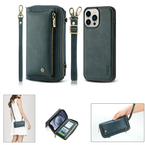 K-Lion Cover for Apple iPhone 14 Pro Max 6.7 inch 2022, Zipper Bag Crossbody Handbag Wallet with Long Shoulder Strap/Wrist Strap/Card Pockets Purse Case PU Leather Hybidrd Hard Shockproof Cover, Blue