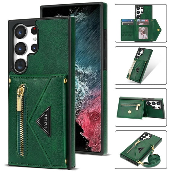 K-Lion Crossbody Leather Wallet Case for Samsung Galaxy S23 Ultra,with Card Holders Zipper Pocket Kickstand Function Adjustable Shoulder Strap Shockproof Purse Phone Case, Green