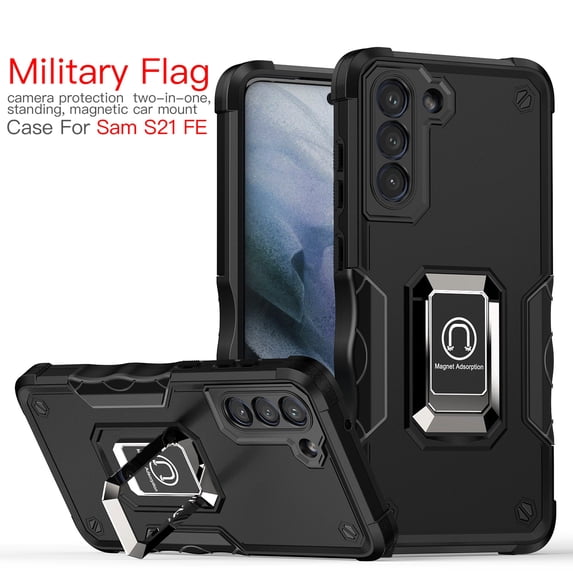 K-Lion Designed for Samsung Galaxy S21 FE 6.4 inch Shockproof Case with Kickstand, Support Magnetic Car Mount, Double Layer Heavy Duty Military Grade Drop Protective, Black