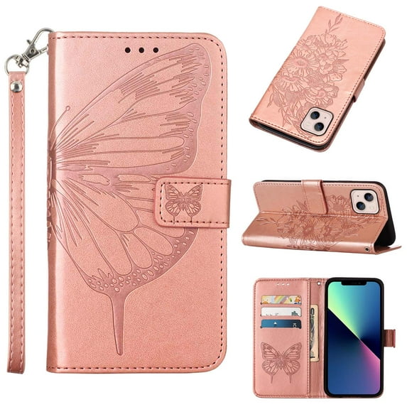 K-Lion Fit for Apple iPhone 14 Wallet Case with Wrist Strap,Drop Protection Flower & Butterfly Embossed Leather Magnetic Clasp Flip Stand Credit Card Slots Phone Cover,Rosegold
