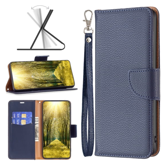 K-Lion Flip Case for iPhone 11 ,Premium Card Slots Kickstand Shockproof Protective Case Minimalist Lychee Leather Wallet Cover with Strap for iPhone 11,Blue