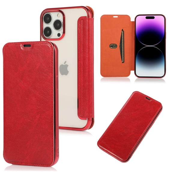 K-Lion Flip Case for iPhone 14 Pro Max Folio Leather Case Lychee Pattern Soft Clear Back with Card Slot Kickstand Function Anti-Scratch Shockproof Protective Case For iPhone 14 Pro Max,Red