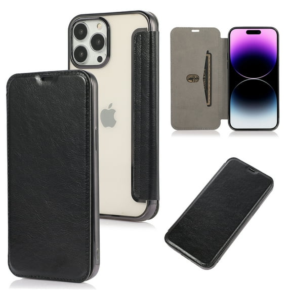 K-Lion Flip Case for iPhone 14 Pro Max Folio Leather Case Lychee Pattern Soft Clear Back with Card Slot Kickstand Function Anti-Scratch Shockproof Protective Case For iPhone 14 Pro Max,Black