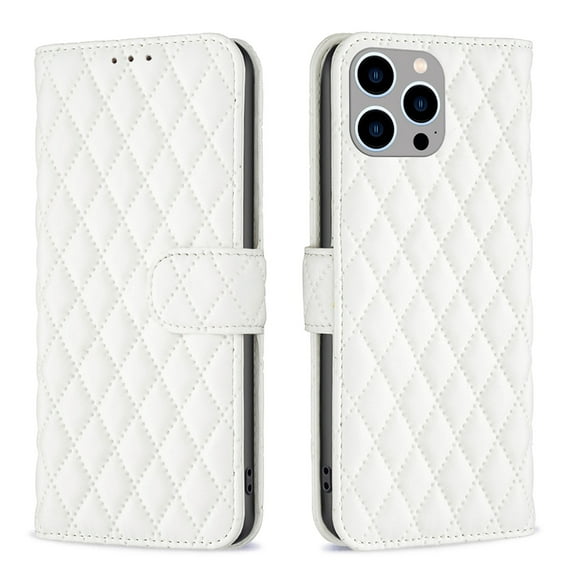 K-Lion Flip Folio Case for iPhone 14 Pro, PU Leather Case TPU Shell Kickstand Full Body Protection Embossed Lines Diamond Pattern Card Holder Cash Pocket Fashion Case for iPhone 14 Pro, White