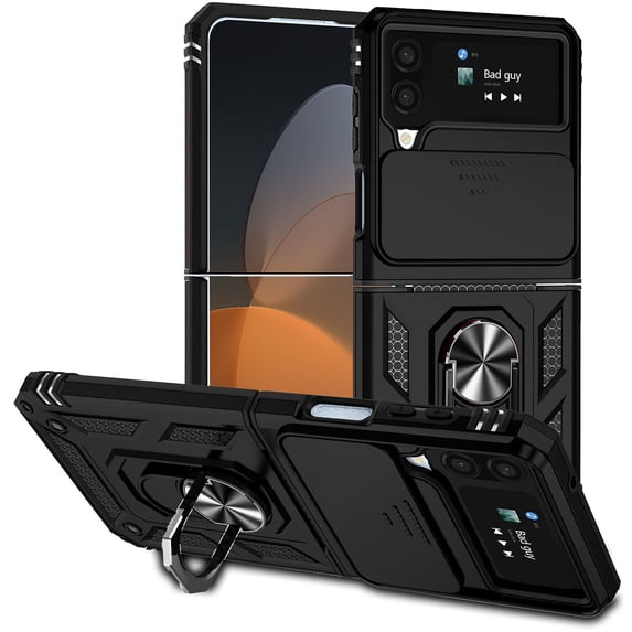 K-Lion For Samsung Galaxy Z Flip4,Shockproof Magnetic Ring Stand Slide Camera Lens Protector Full Protection Case Cover,Black