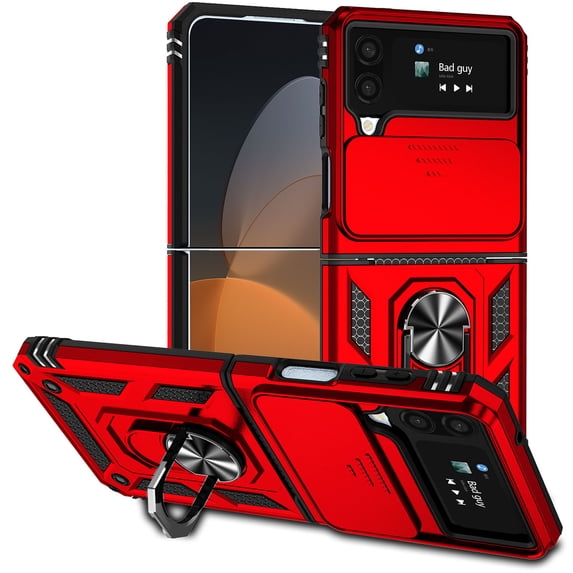 K-Lion For Samsung Galaxy Z Flip4,Shockproof Magnetic Ring Stand Slide Camera Lens Protector Full Protection Case Cover,Red