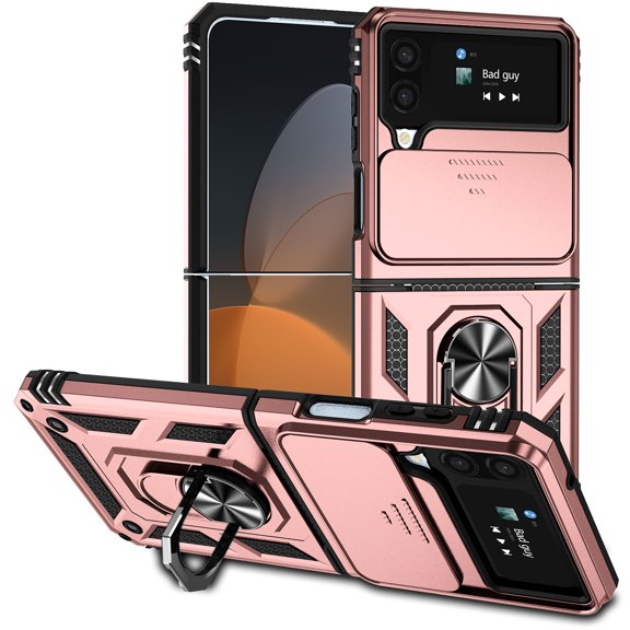 K-Lion For Samsung Galaxy Z Flip4,Shockproof Magnetic Ring Stand Slide Camera Lens Protector Full Protection Case Cover,Rosegold