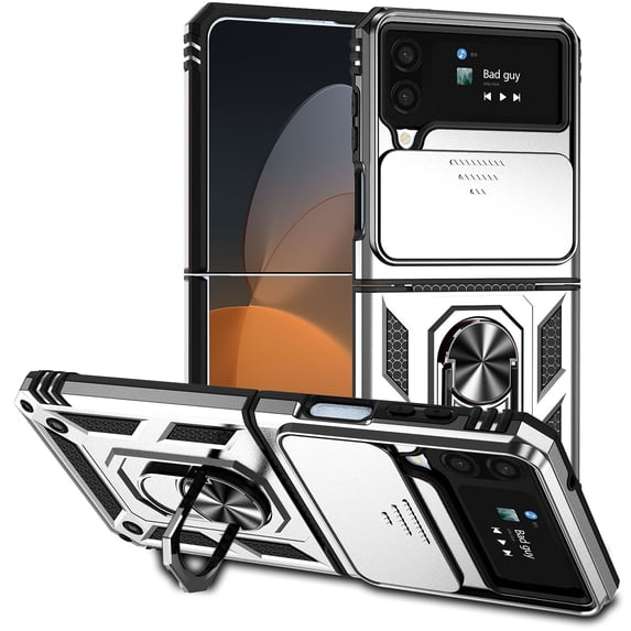 K-Lion For Samsung Galaxy Z Flip4,Shockproof Magnetic Ring Stand Slide Camera Lens Protector Full Protection Case Cover,Silver