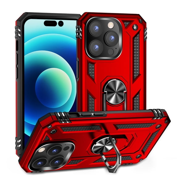 K-Lion For iPhone 14 Pro,Slim Armor Shockproof Magnetic Ring Holder Stand Hard PC Case Cover,Red