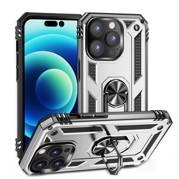 K-Lion For iPhone 14 Pro,Slim Armor Shockproof Magnetic Ring Holder Stand Hard PC Case Cover,Silver