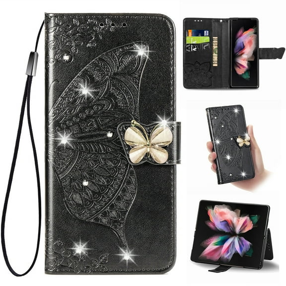 K-Lion for Google Pixel 3a XL Folio Flip Case, Luxury Bling Butterfly Embossed PU Leather Wallet Case Stand Card Holder Slots Shockproof Glossy Phone Cover with Wrist Strap ,Black