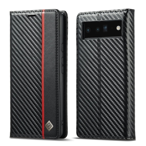 K-Lion for Google Pixel 6 6.4 inch 2021 Folio Case, Carbon Fiber Flexible TPU Kickstand Card Slots Cash Pocket Magnetic Buckle Full Protetcion Shockproof Flip Case, Vertical Line