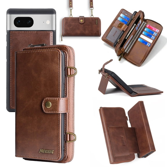 K-Lion for Google Pixel 7 Flip Wallet Case, PU Leather Purse Case Large Capacity 13 Card Slots Zipper Pocket Kickstand Magnetic Detachable Case Cross Body Shoulder Strap Shockproof Case, Brown