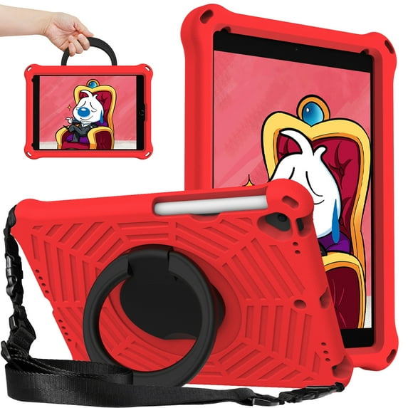 K-Lion Kids Case for iPad 9th 8th 7th Generation 10.2 inch, EVA Kids Friendly Shockproof Protective Case 360° Rotating Stand Hand Grip Cover with Shoulder Strap for iPad 10.2" 2021/2020/2019,Red