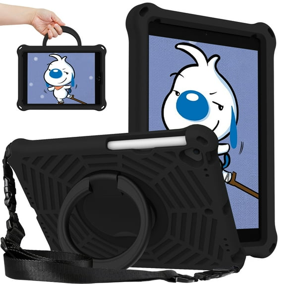 K-Lion Kids Case for iPad 9th 8th 7th Generation 10.2 inch, EVA Kids Friendly Shockproof Protective Case 360° Rotating Stand Hand Grip Cover with Shoulder Strap for iPad 10.2" 2021/2020/2019,Black