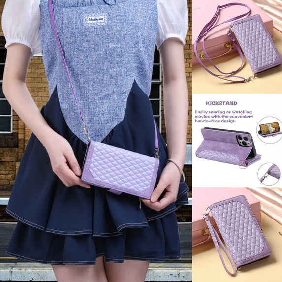 K-Lion Lattice Wallet Case for iPhone 14 Pro, Luxury Zipper Crossbody Lanyard Magnetic Clasp Folio Case with Wrist Strap Card Slots Holder Kickstand Handbag Flip Phone Cover,Purple