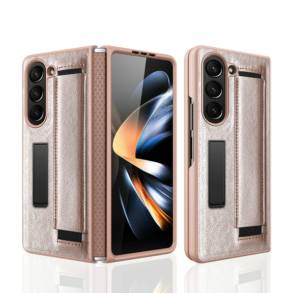 K-Lion Leather Case for Samsung Galaxy Z Fold 5,Built-in Screen Protector Hinge Protection Hidden Kickstand Rugged Case Non-Slip Wristband Shockproof Phone Cover for Samsung Z Fold 5,Gold